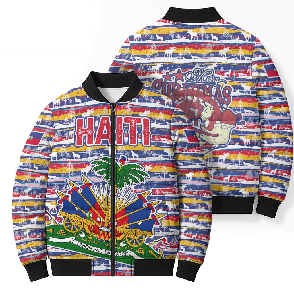 Haiti Christmas Bomber Puffer Jacket with Blue Red Yellow Xmas Santa Sleigh and Coat of Arms - Wonder Print Shop