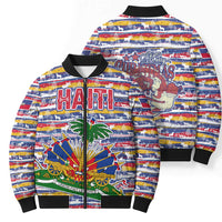 Haiti Christmas Bomber Puffer Jacket with Blue Red Yellow Xmas Santa Sleigh and Coat of Arms - Wonder Print Shop