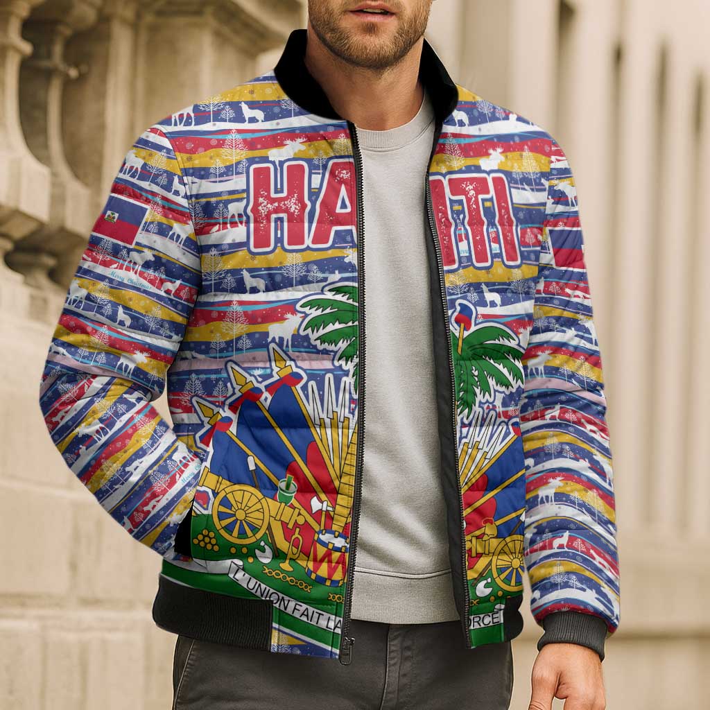 Haiti Christmas Bomber Puffer Jacket with Blue Red Yellow Xmas Santa Sleigh and Coat of Arms - Wonder Print Shop