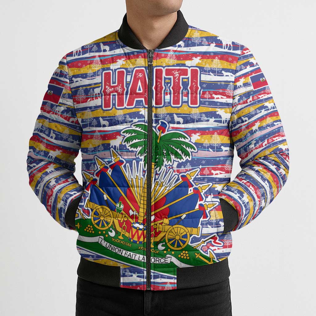Haiti Christmas Bomber Puffer Jacket with Blue Red Yellow Xmas Santa Sleigh and Coat of Arms - Wonder Print Shop