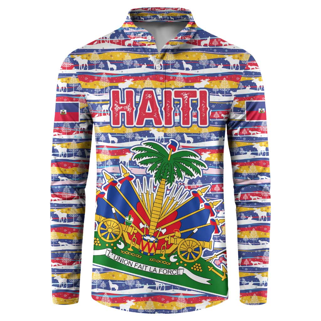 Haiti Christmas Button Sweatshirt with Blue Red Yellow Xmas Santa Sleigh and Coat of Arms - Wonder Print Shop