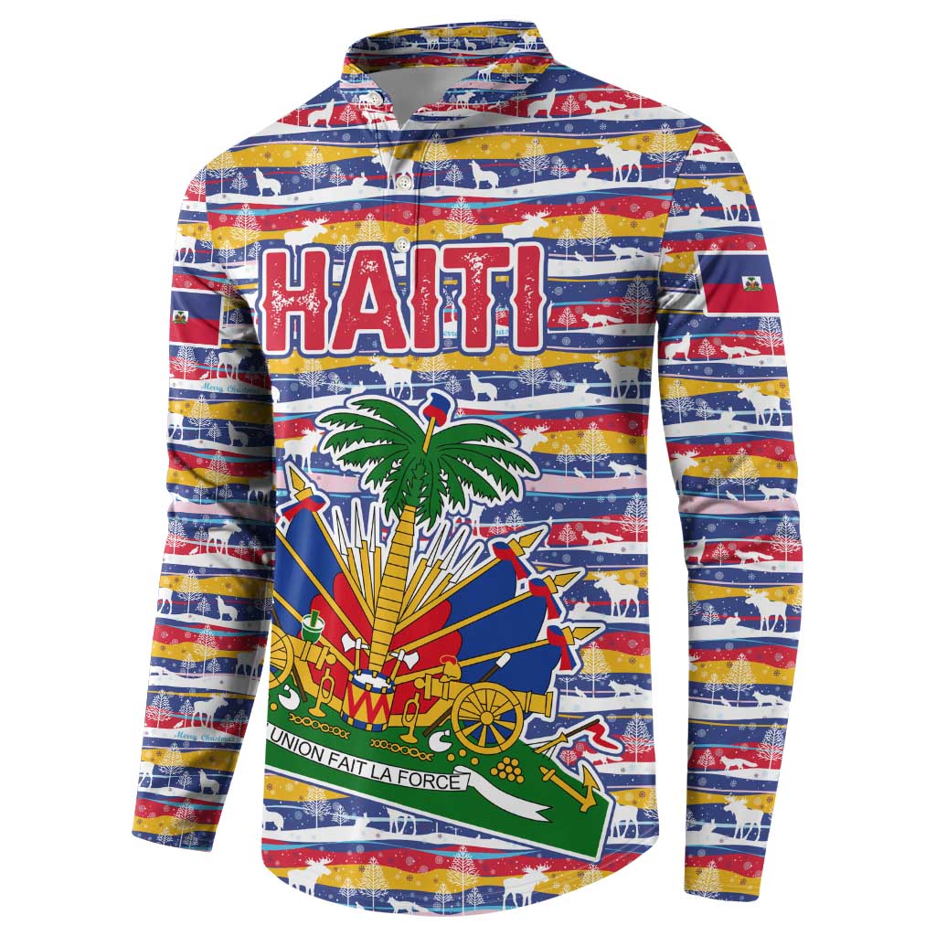 Haiti Christmas Button Sweatshirt with Blue Red Yellow Xmas Santa Sleigh and Coat of Arms - Wonder Print Shop