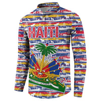 Haiti Christmas Button Sweatshirt with Blue Red Yellow Xmas Santa Sleigh and Coat of Arms - Wonder Print Shop