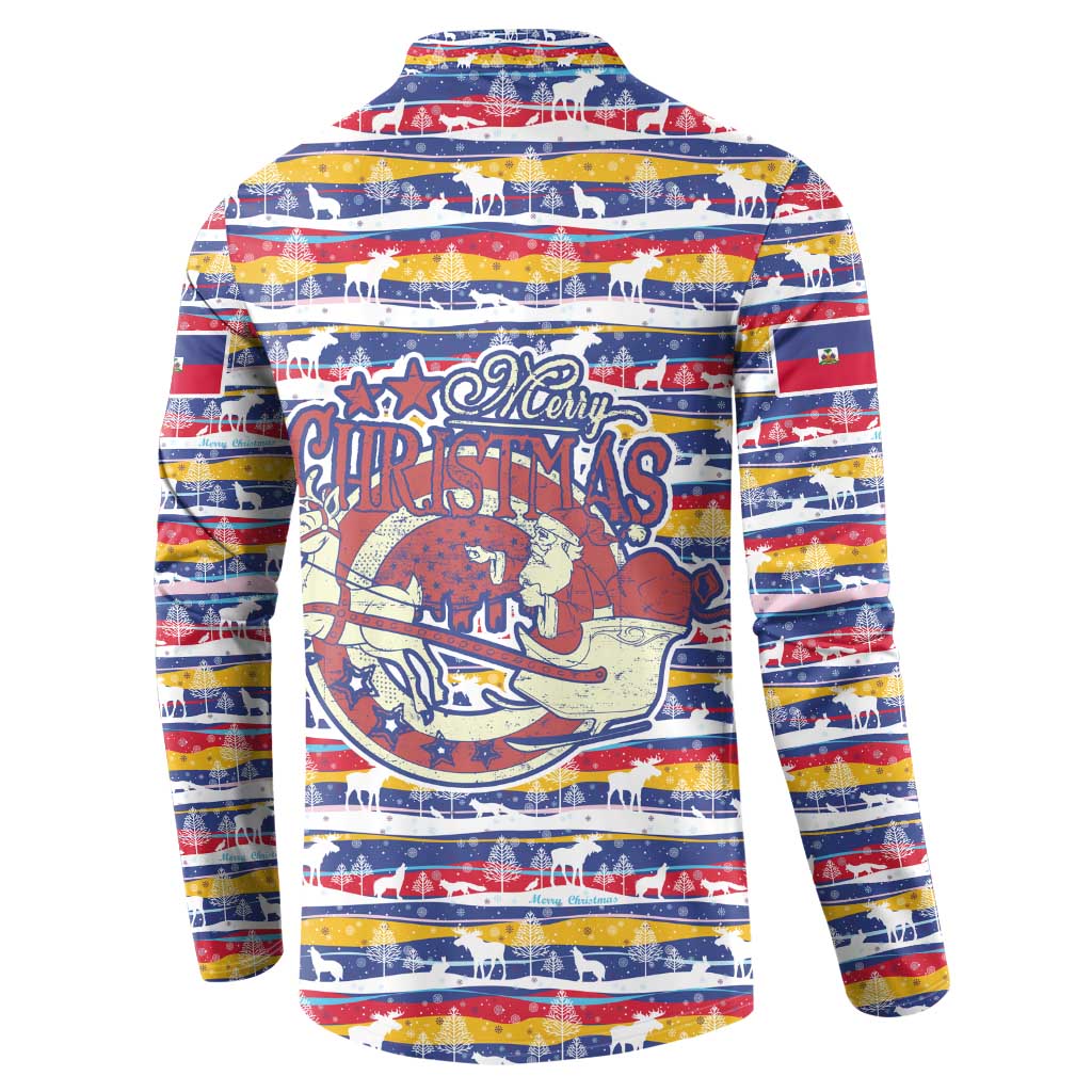 Haiti Christmas Button Sweatshirt with Blue Red Yellow Xmas Santa Sleigh and Coat of Arms - Wonder Print Shop