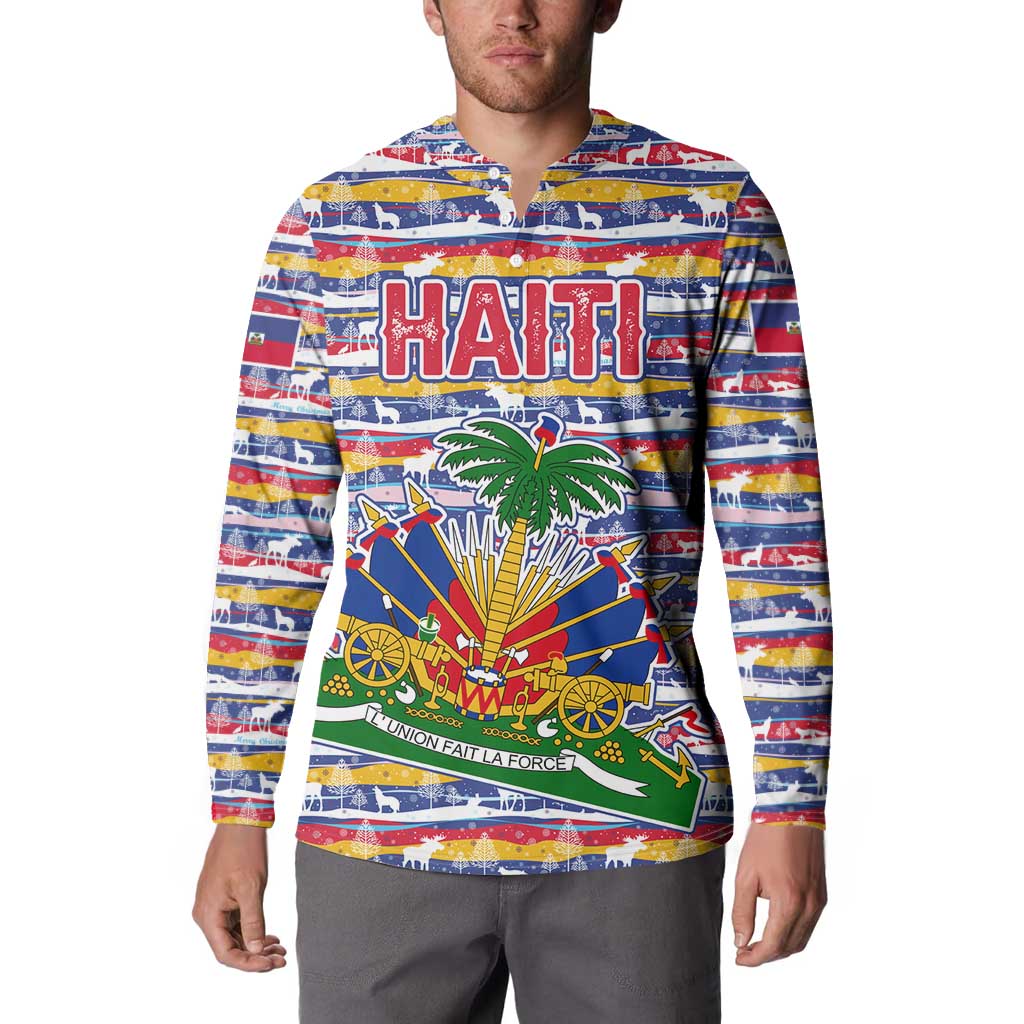 Haiti Christmas Button Sweatshirt with Blue Red Yellow Xmas Santa Sleigh and Coat of Arms - Wonder Print Shop