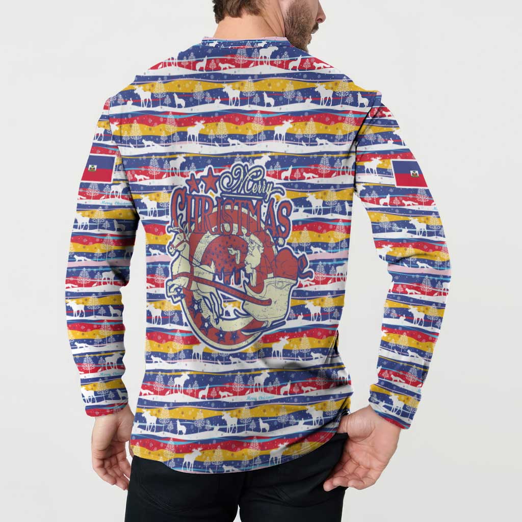 Haiti Christmas Button Sweatshirt with Blue Red Yellow Xmas Santa Sleigh and Coat of Arms - Wonder Print Shop