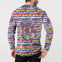 Haiti Christmas Button Sweatshirt with Blue Red Yellow Xmas Santa Sleigh and Coat of Arms - Wonder Print Shop