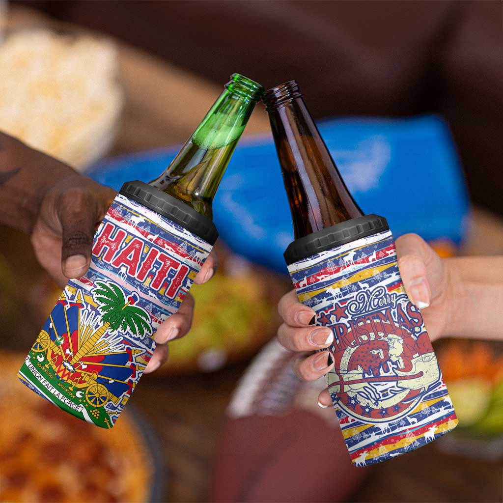 Haiti Christmas 4 in 1 Can Cooler Tumbler with Blue Red Yellow Xmas Santa Sleigh and Coat of Arms - Wonder Print Shop