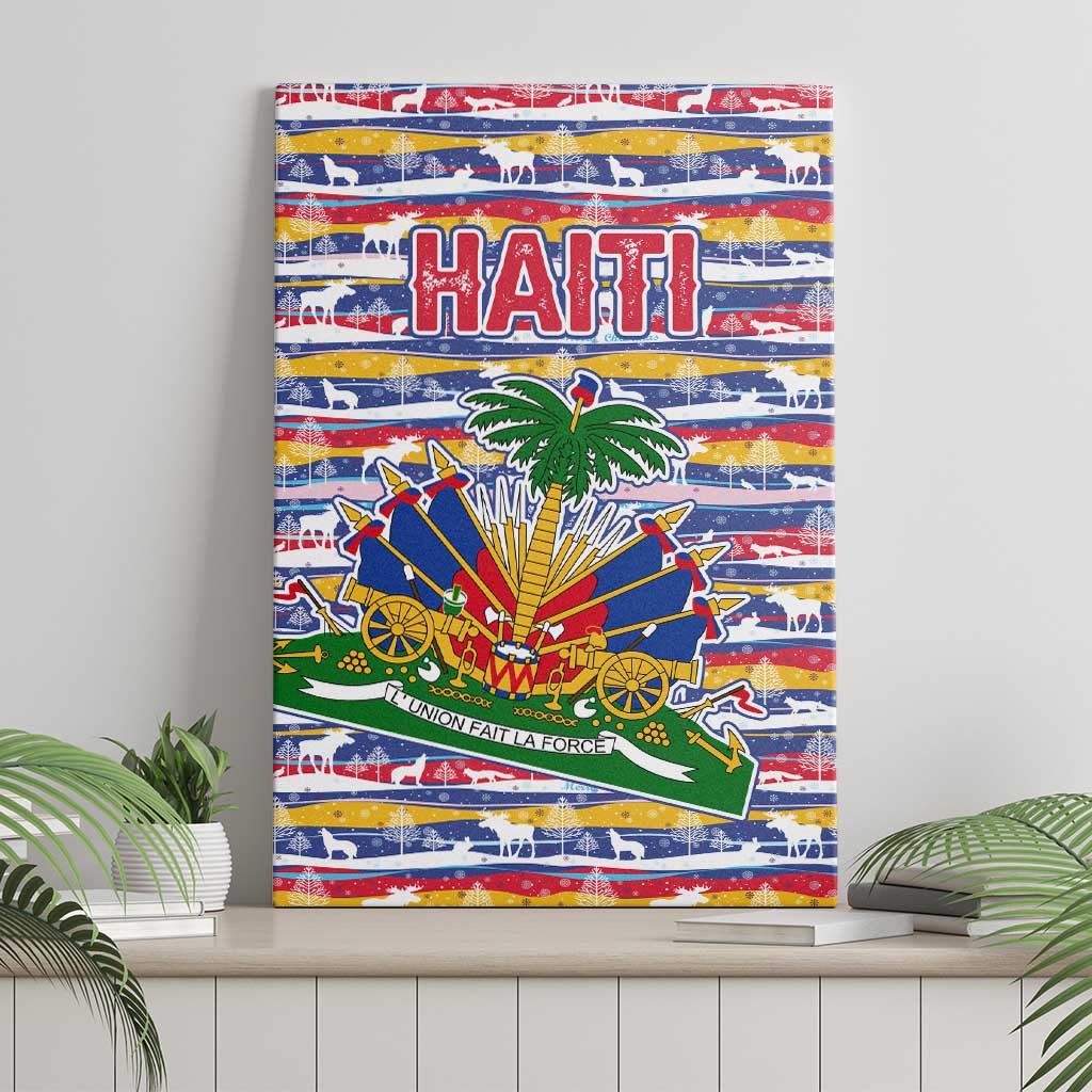 Haiti Christmas Canvas Wall Art with Blue Red Yellow Xmas Santa Sleigh and Coat of Arms - Wonder Print Shop