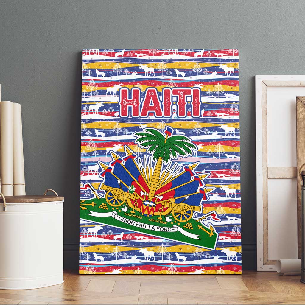 Haiti Christmas Canvas Wall Art with Blue Red Yellow Xmas Santa Sleigh and Coat of Arms - Wonder Print Shop