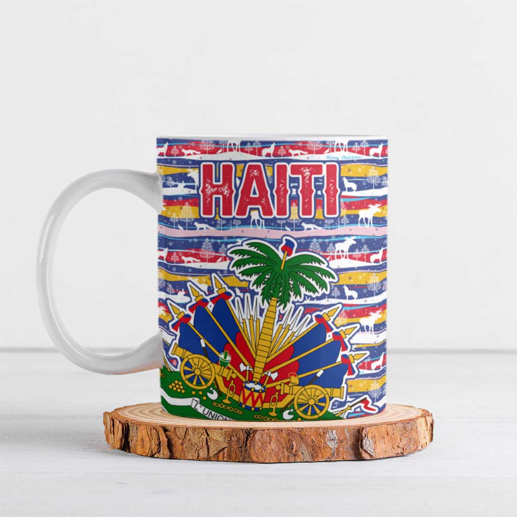 Haiti Christmas Ceramic Mug with Blue Red Yellow Xmas Santa Sleigh and Coat of Arms - Wonder Print Shop