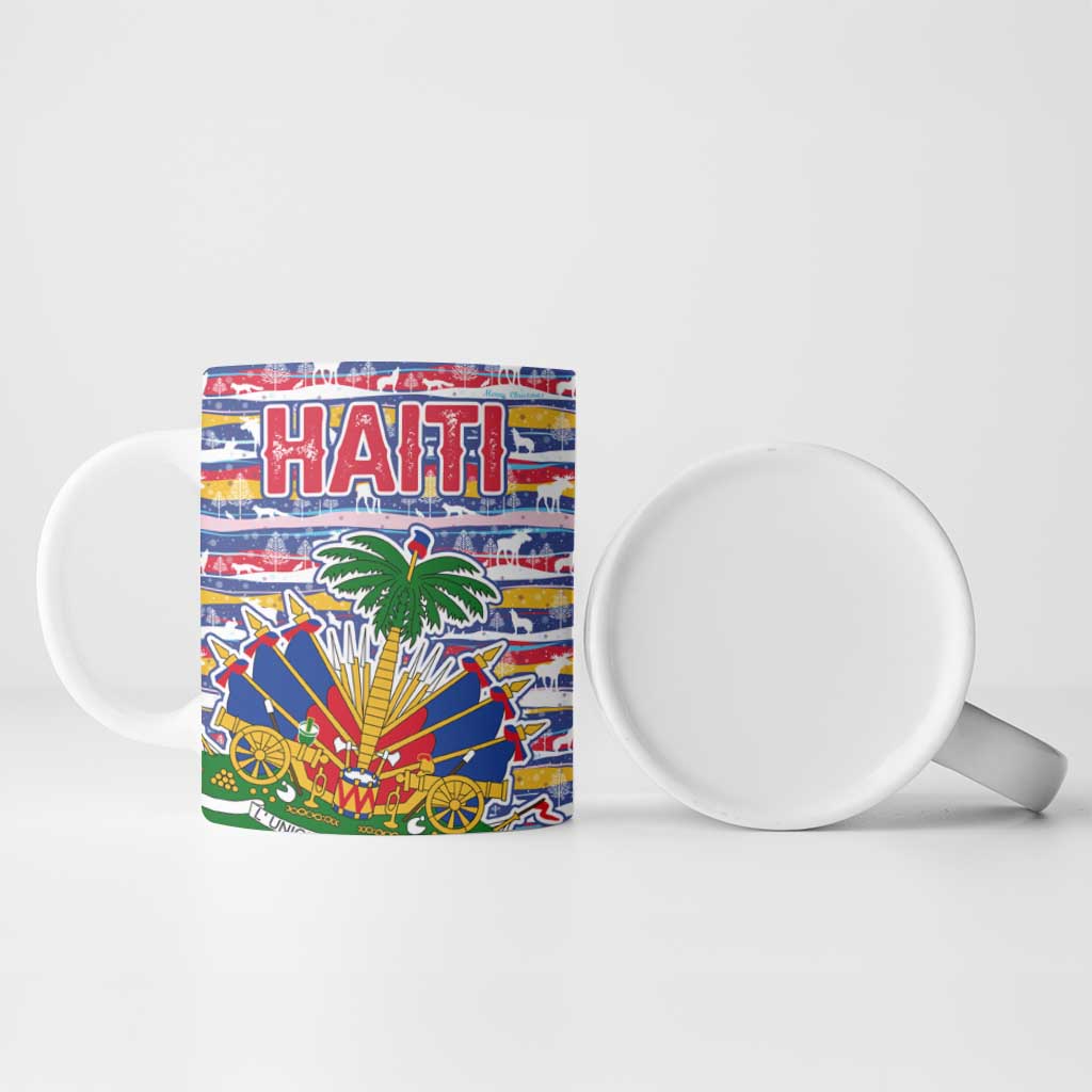 Haiti Christmas Ceramic Mug with Blue Red Yellow Xmas Santa Sleigh and Coat of Arms - Wonder Print Shop