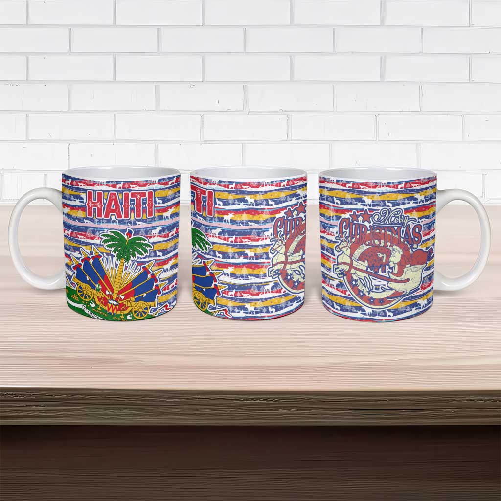 Haiti Christmas Ceramic Mug with Blue Red Yellow Xmas Santa Sleigh and Coat of Arms - Wonder Print Shop