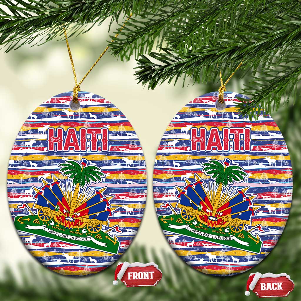 Haiti Christmas Ceramic Ornament with Blue Red Yellow Xmas Santa Sleigh and Coat of Arms - Wonder Print Shop