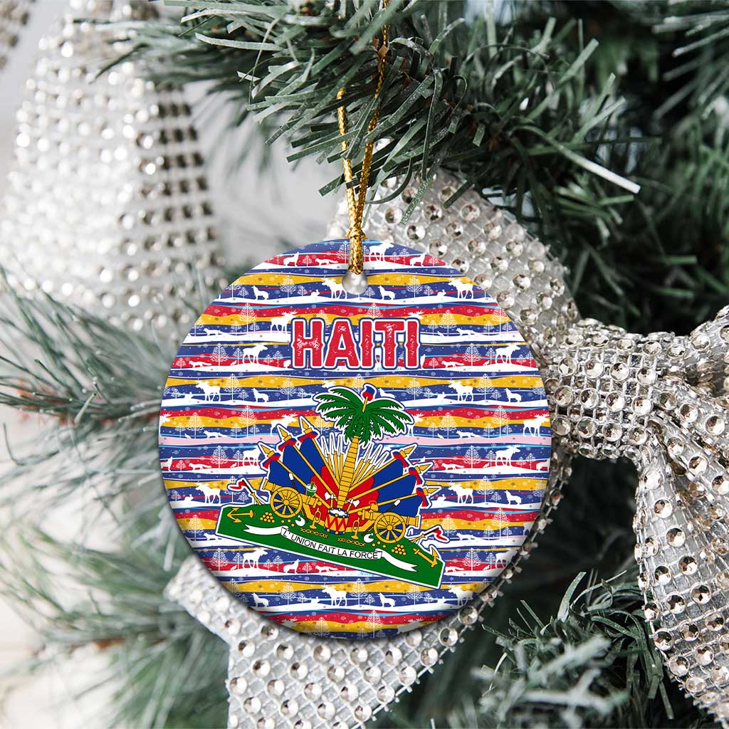 Haiti Christmas Ceramic Ornament with Blue Red Yellow Xmas Santa Sleigh and Coat of Arms - Wonder Print Shop