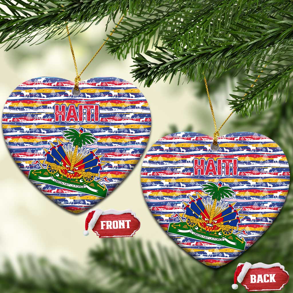 Haiti Christmas Ceramic Ornament with Blue Red Yellow Xmas Santa Sleigh and Coat of Arms - Wonder Print Shop