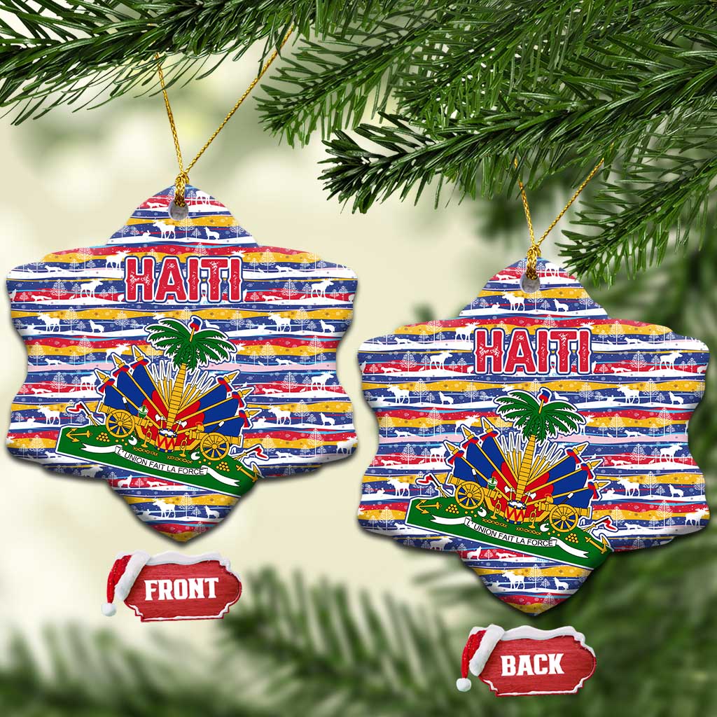 Haiti Christmas Ceramic Ornament with Blue Red Yellow Xmas Santa Sleigh and Coat of Arms - Wonder Print Shop