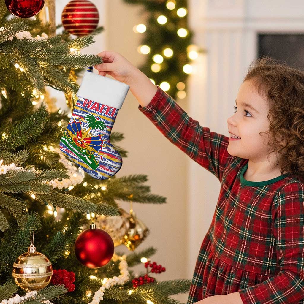 Haiti Christmas Stocking with Blue Red Yellow Xmas Santa Sleigh and Coat of Arms - Wonder Print Shop