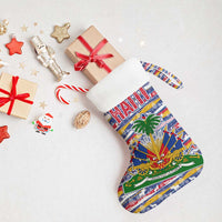 Haiti Christmas Stocking with Blue Red Yellow Xmas Santa Sleigh and Coat of Arms - Wonder Print Shop