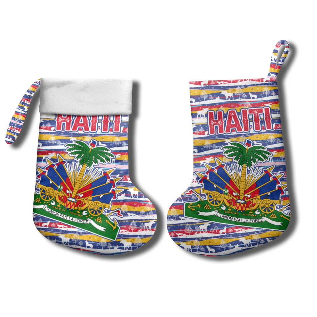Haiti Christmas Stocking with Blue Red Yellow Xmas Santa Sleigh and Coat of Arms - Wonder Print Shop