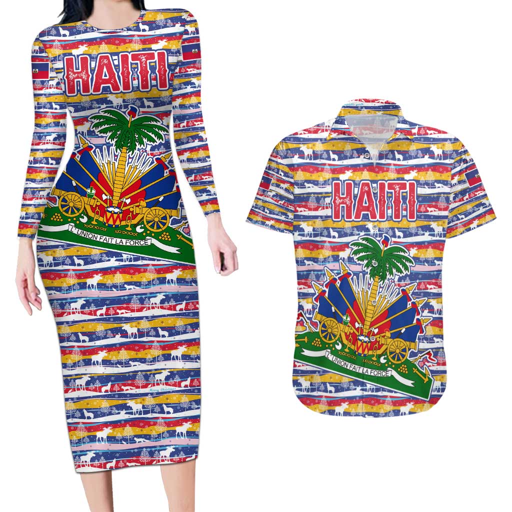 Haiti Christmas Couples Matching Long Sleeve Bodycon Dress and Hawaiian Shirt with Blue Red Yellow Xmas Santa Sleigh and Coat of Arms - Wonder Print Shop