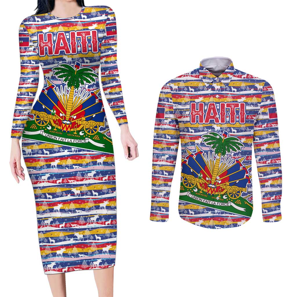 Haiti Christmas Couples Matching Long Sleeve Bodycon Dress and Long Sleeve Button Shirt with Blue Red Yellow Xmas Santa Sleigh and Coat of Arms - Wonder Print Shop