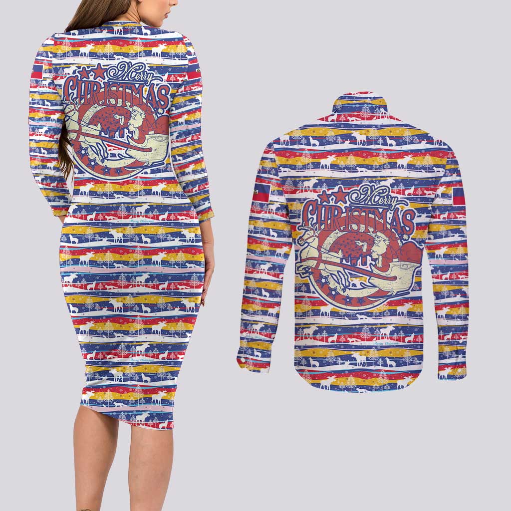 Haiti Christmas Couples Matching Long Sleeve Bodycon Dress and Long Sleeve Button Shirt with Blue Red Yellow Xmas Santa Sleigh and Coat of Arms - Wonder Print Shop