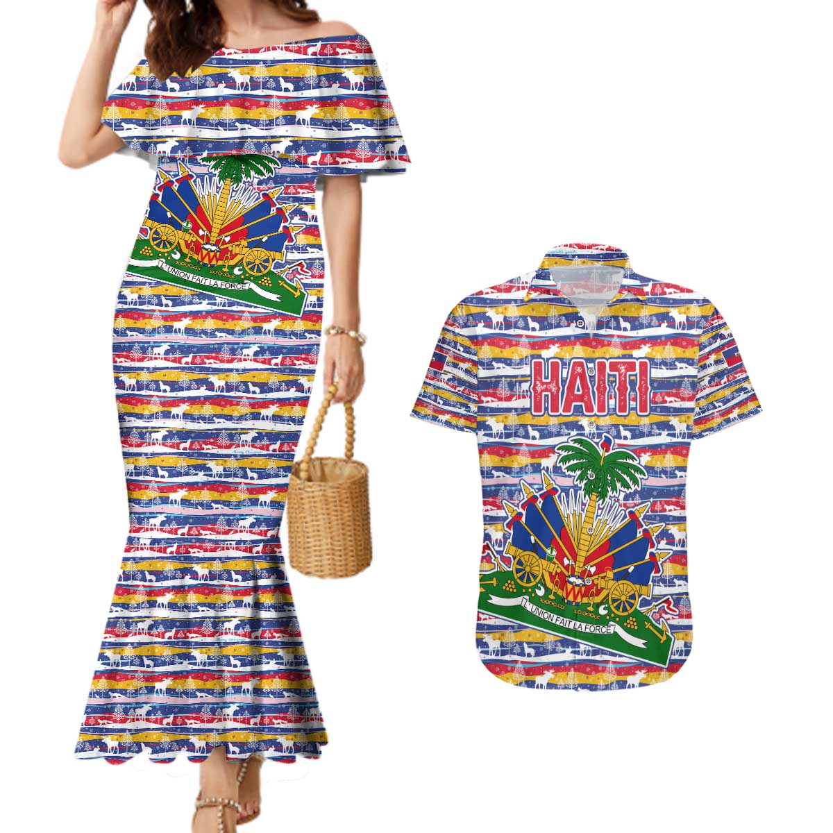 Haiti Christmas Couples Matching Mermaid Dress and Hawaiian Shirt with Blue Red Yellow Xmas Santa Sleigh and Coat of Arms - Wonder Print Shop