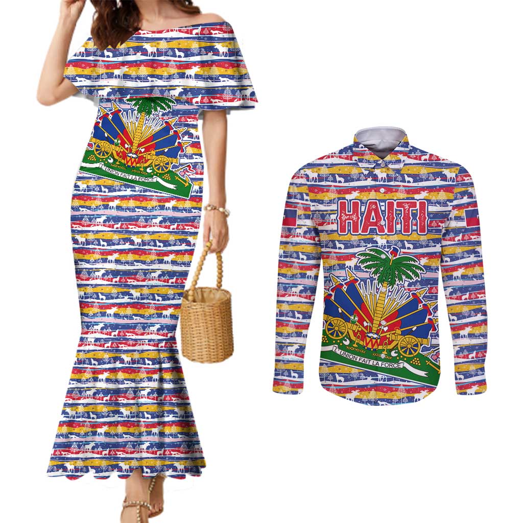 Haiti Christmas Couples Matching Mermaid Dress and Long Sleeve Button Shirt with Blue Red Yellow Xmas Santa Sleigh and Coat of Arms - Wonder Print Shop