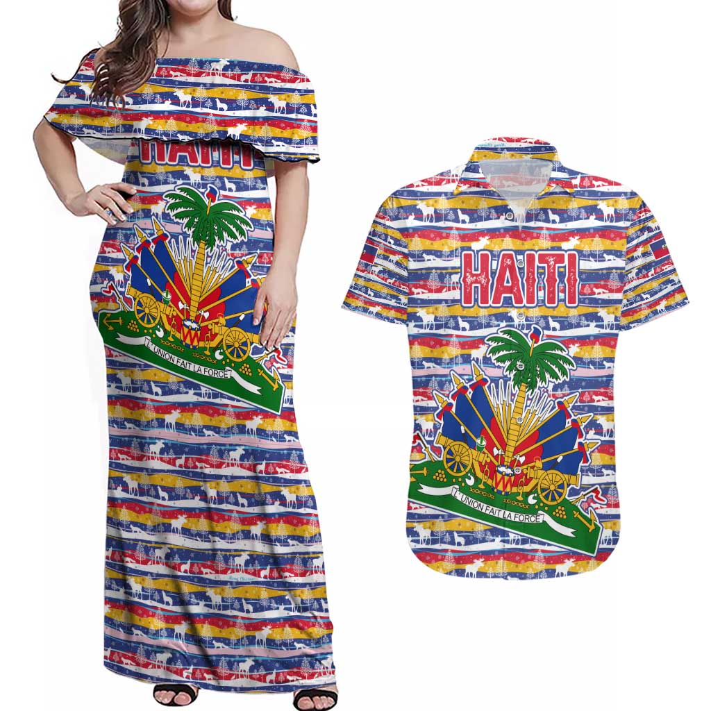 Haiti Christmas Couples Matching Off Shoulder Maxi Dress and Hawaiian Shirt with Blue Red Yellow Xmas Santa Sleigh and Coat of Arms - Wonder Print Shop