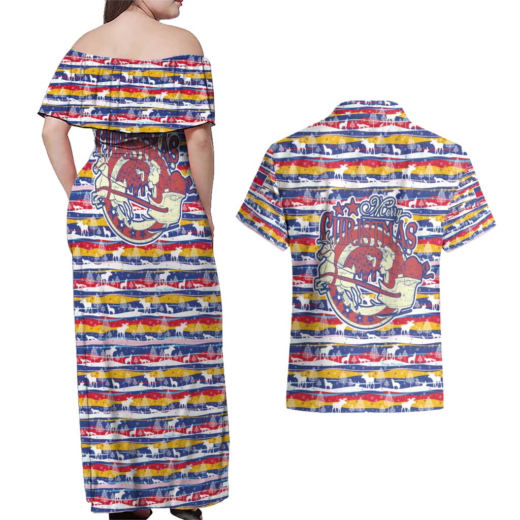 Haiti Christmas Couples Matching Off Shoulder Maxi Dress and Hawaiian Shirt with Blue Red Yellow Xmas Santa Sleigh and Coat of Arms - Wonder Print Shop