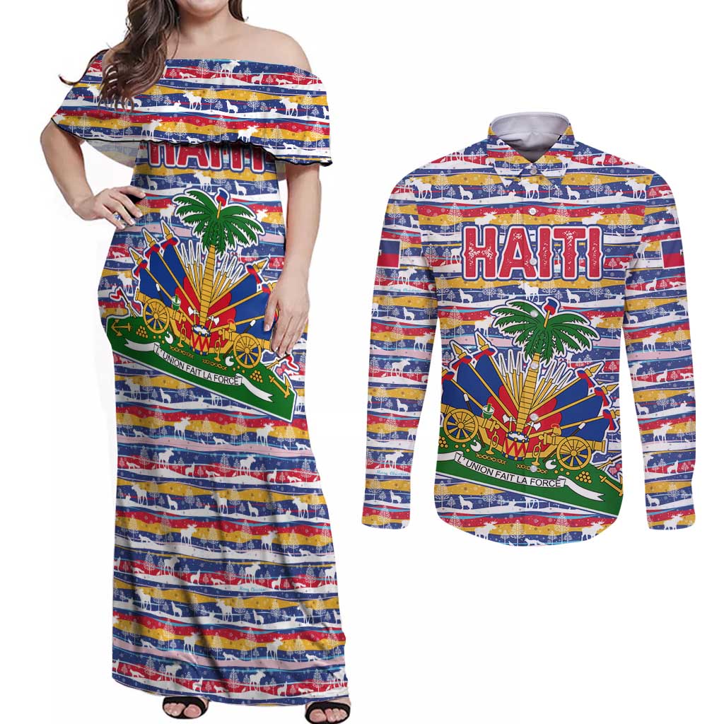 Haiti Christmas Couples Matching Off Shoulder Maxi Dress and Long Sleeve Button Shirt with Blue Red Yellow Xmas Santa Sleigh and Coat of Arms - Wonder Print Shop