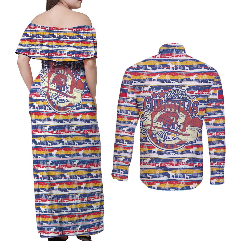 Haiti Christmas Couples Matching Off Shoulder Maxi Dress and Long Sleeve Button Shirt with Blue Red Yellow Xmas Santa Sleigh and Coat of Arms - Wonder Print Shop