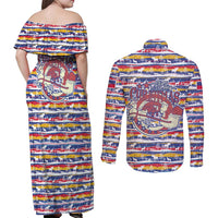 Haiti Christmas Couples Matching Off Shoulder Maxi Dress and Long Sleeve Button Shirt with Blue Red Yellow Xmas Santa Sleigh and Coat of Arms - Wonder Print Shop