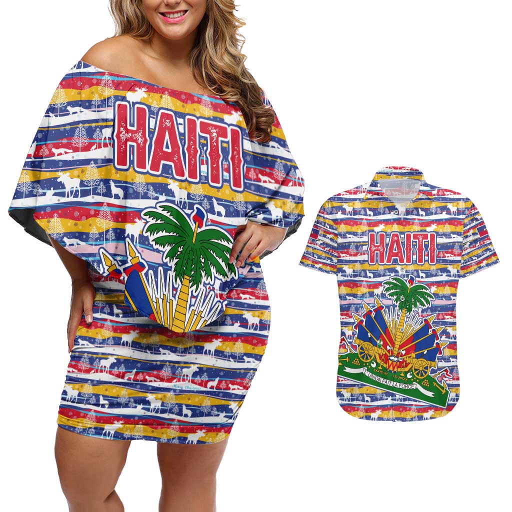 Haiti Christmas Couples Matching Off Shoulder Short Dress and Hawaiian Shirt with Blue Red Yellow Xmas Santa Sleigh and Coat of Arms - Wonder Print Shop