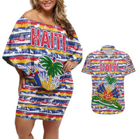 Haiti Christmas Couples Matching Off Shoulder Short Dress and Hawaiian Shirt with Blue Red Yellow Xmas Santa Sleigh and Coat of Arms - Wonder Print Shop