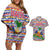 Haiti Christmas Couples Matching Off Shoulder Short Dress and Hawaiian Shirt with Blue Red Yellow Xmas Santa Sleigh and Coat of Arms - Wonder Print Shop