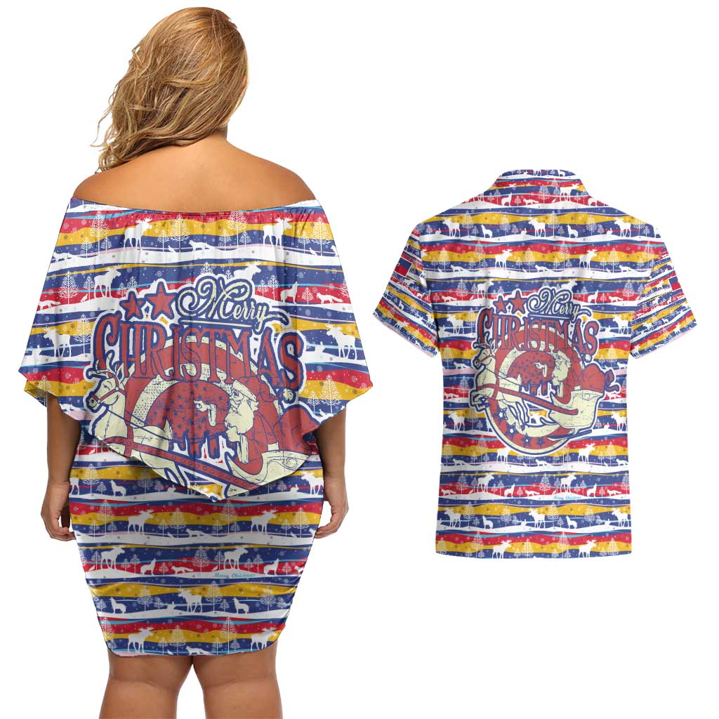 Haiti Christmas Couples Matching Off Shoulder Short Dress and Hawaiian Shirt with Blue Red Yellow Xmas Santa Sleigh and Coat of Arms - Wonder Print Shop