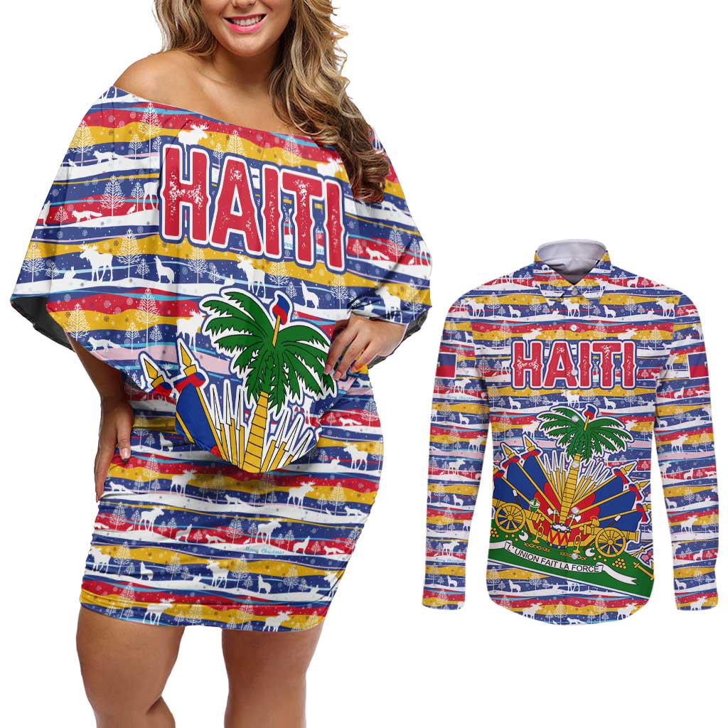 Haiti Christmas Couples Matching Off Shoulder Short Dress and Long Sleeve Button Shirt with Blue Red Yellow Xmas Santa Sleigh and Coat of Arms - Wonder Print Shop