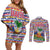 Haiti Christmas Couples Matching Off Shoulder Short Dress and Long Sleeve Button Shirt with Blue Red Yellow Xmas Santa Sleigh and Coat of Arms - Wonder Print Shop