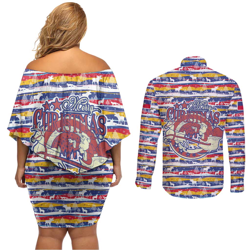 Haiti Christmas Couples Matching Off Shoulder Short Dress and Long Sleeve Button Shirt with Blue Red Yellow Xmas Santa Sleigh and Coat of Arms - Wonder Print Shop