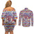 Haiti Christmas Couples Matching Off Shoulder Short Dress and Long Sleeve Button Shirt with Blue Red Yellow Xmas Santa Sleigh and Coat of Arms - Wonder Print Shop
