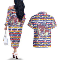 Haiti Christmas Couples Matching Off The Shoulder Long Sleeve Dress and Hawaiian Shirt with Blue Red Yellow Xmas Santa Sleigh and Coat of Arms - Wonder Print Shop