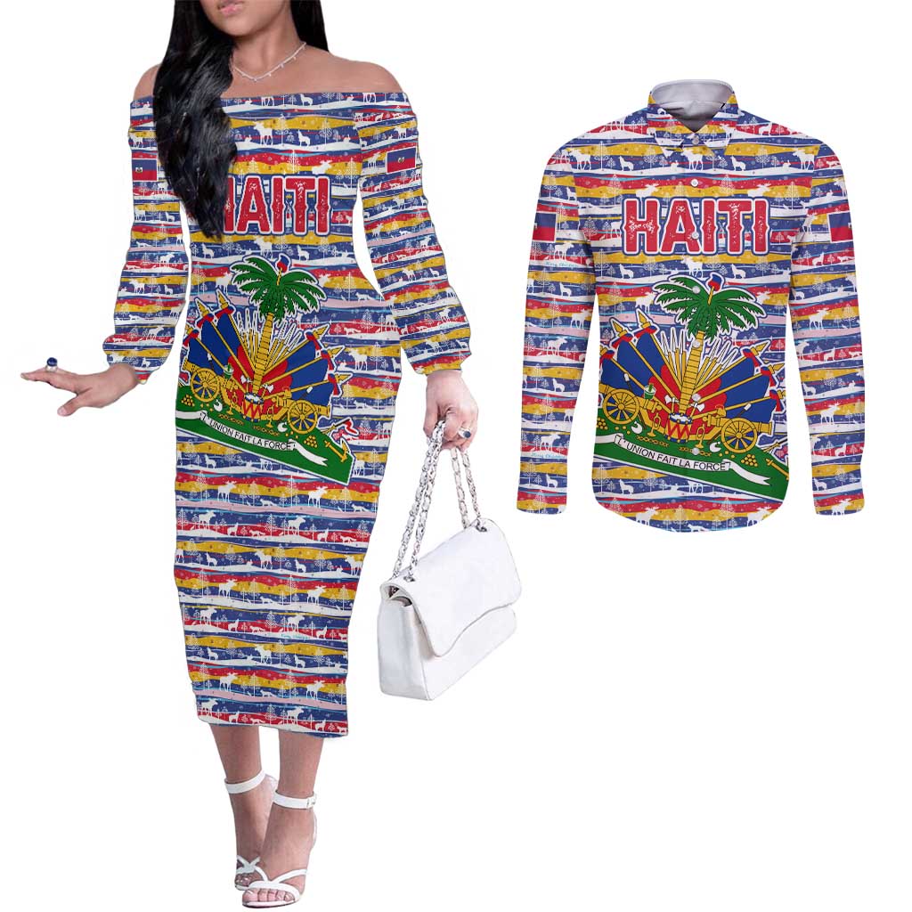 Haiti Christmas Couples Matching Off The Shoulder Long Sleeve Dress and Long Sleeve Button Shirt with Blue Red Yellow Xmas Santa Sleigh and Coat of Arms - Wonder Print Shop