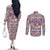 Haiti Christmas Couples Matching Off The Shoulder Long Sleeve Dress and Long Sleeve Button Shirt with Blue Red Yellow Xmas Santa Sleigh and Coat of Arms - Wonder Print Shop