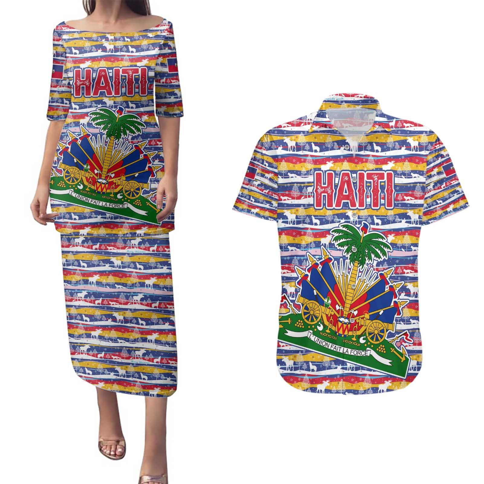 Haiti Christmas Couples Matching Puletasi and Hawaiian Shirt with Blue Red Yellow Xmas Santa Sleigh and Coat of Arms - Wonder Print Shop