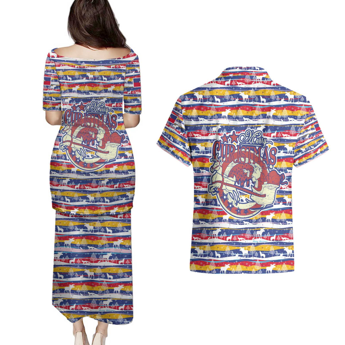 Haiti Christmas Couples Matching Puletasi and Hawaiian Shirt with Blue Red Yellow Xmas Santa Sleigh and Coat of Arms - Wonder Print Shop