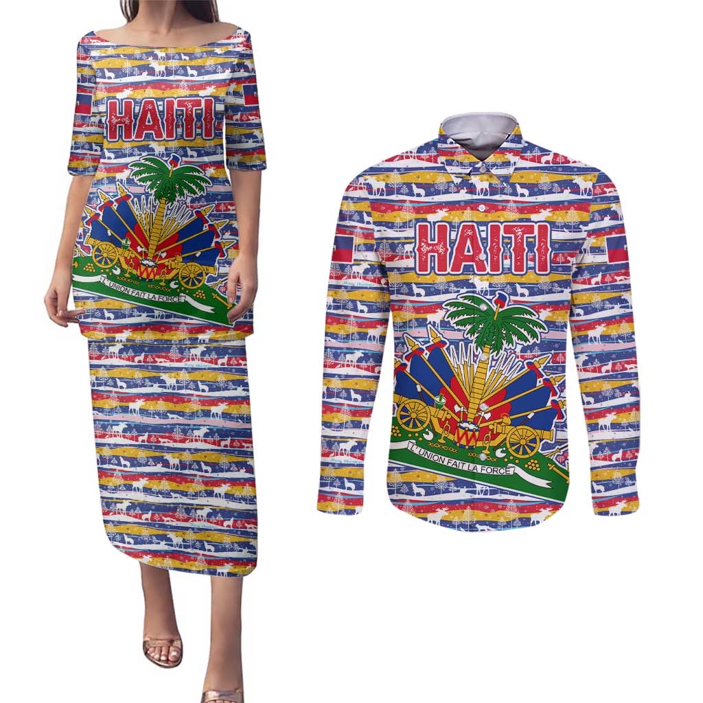Haiti Christmas Couples Matching Puletasi and Long Sleeve Button Shirt with Blue Red Yellow Xmas Santa Sleigh and Coat of Arms - Wonder Print Shop