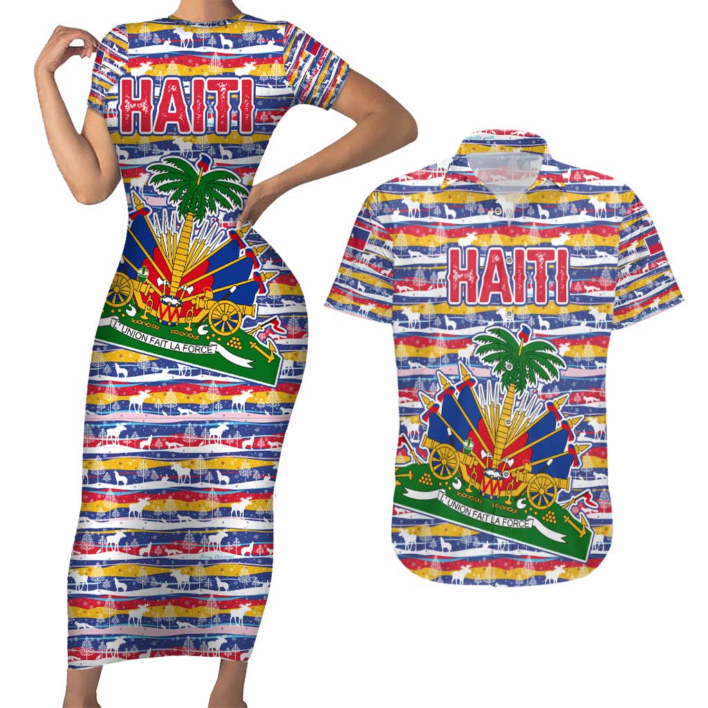 Haiti Christmas Couples Matching Short Sleeve Bodycon Dress and Hawaiian Shirt with Blue Red Yellow Xmas Santa Sleigh and Coat of Arms - Wonder Print Shop