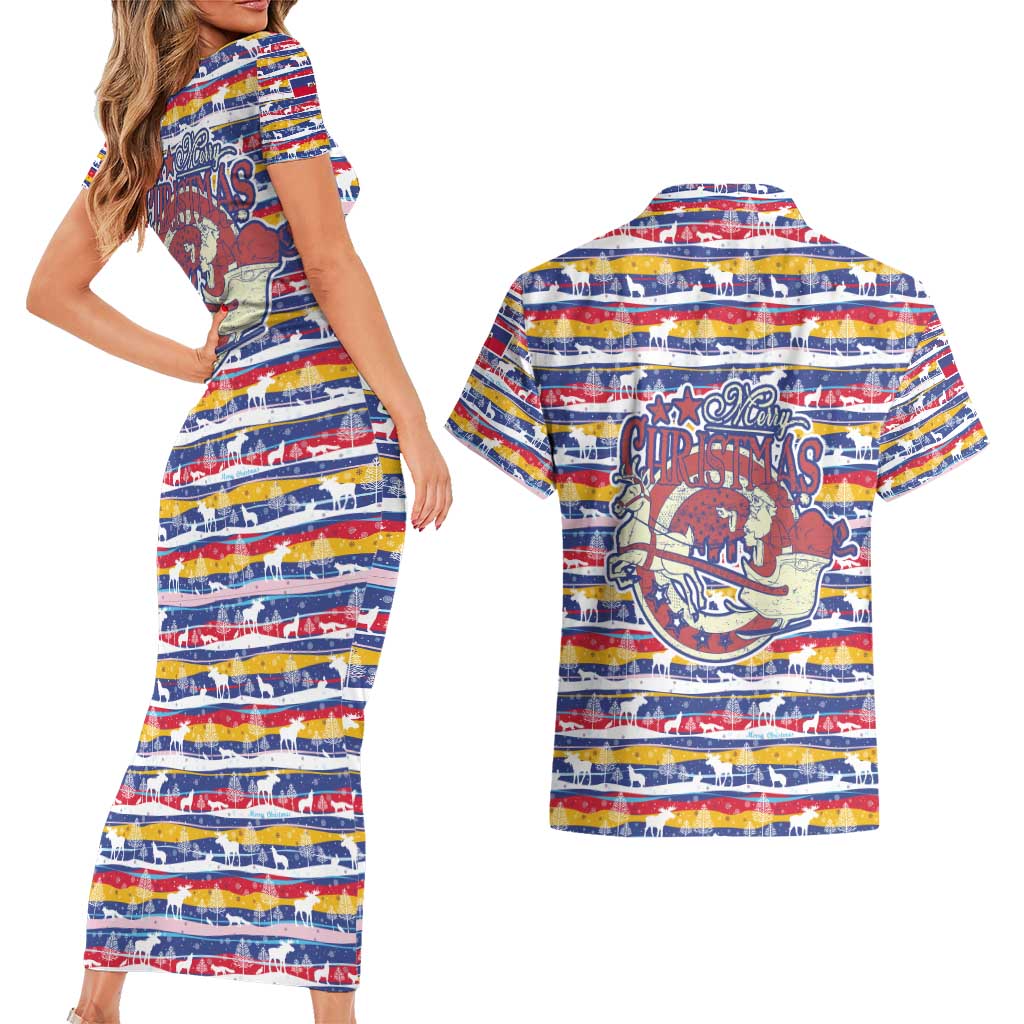 Haiti Christmas Couples Matching Short Sleeve Bodycon Dress and Hawaiian Shirt with Blue Red Yellow Xmas Santa Sleigh and Coat of Arms - Wonder Print Shop